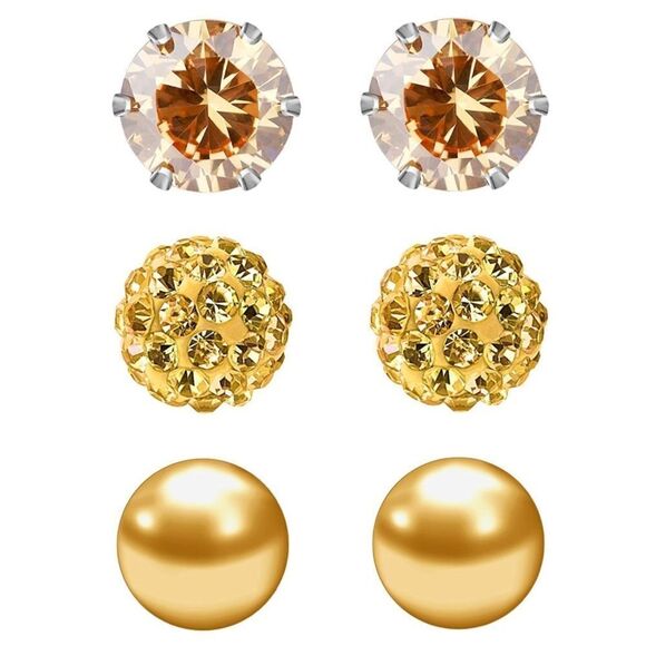 Champagne Topaz Cubic Zirconia and Pearl 316L Post Back Stud 3 Pair Earrings Set - Picture 1 of 5